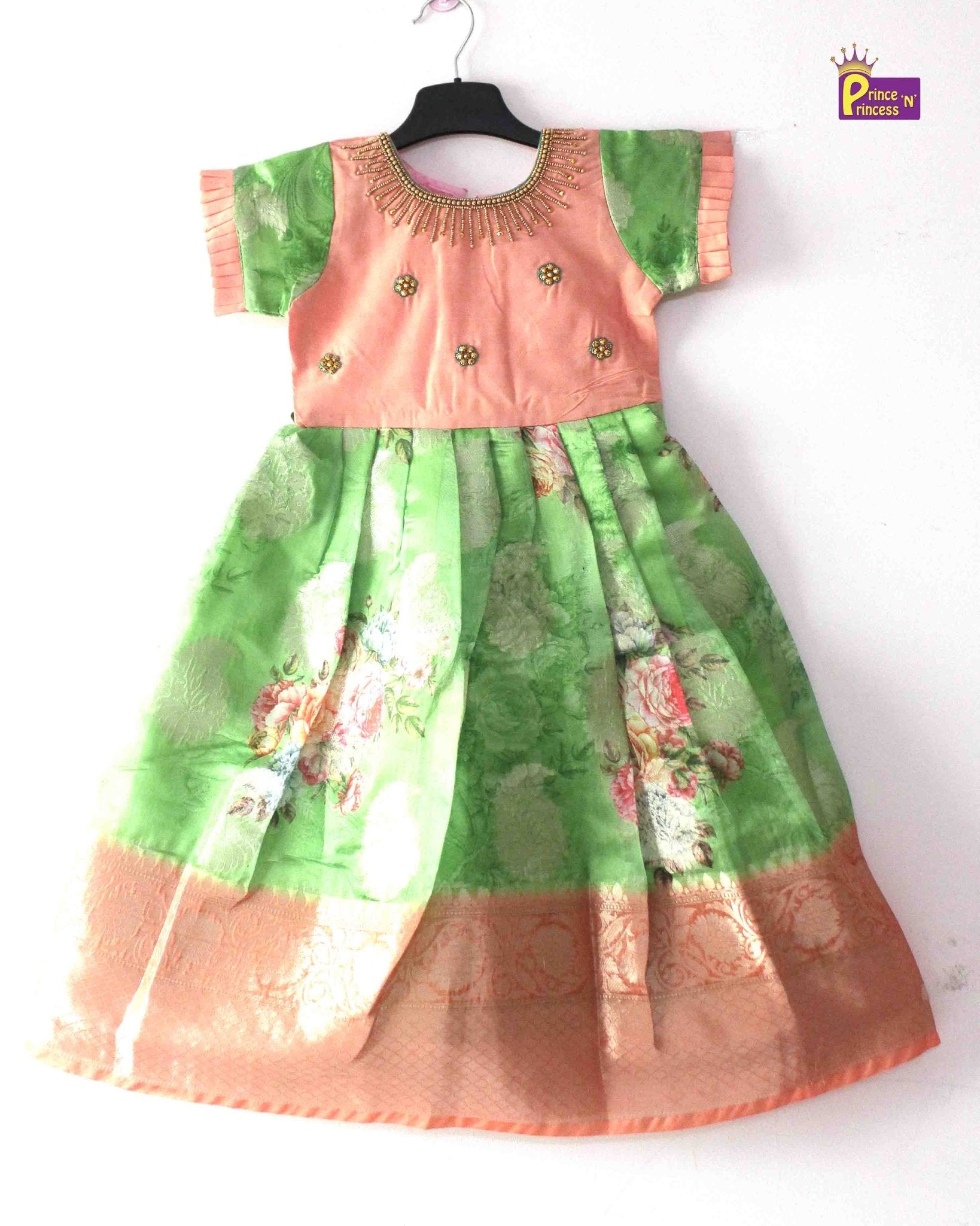 Peach Green Digital Satin AARI Ethnic Party Gown PG352 - Prince N Princess