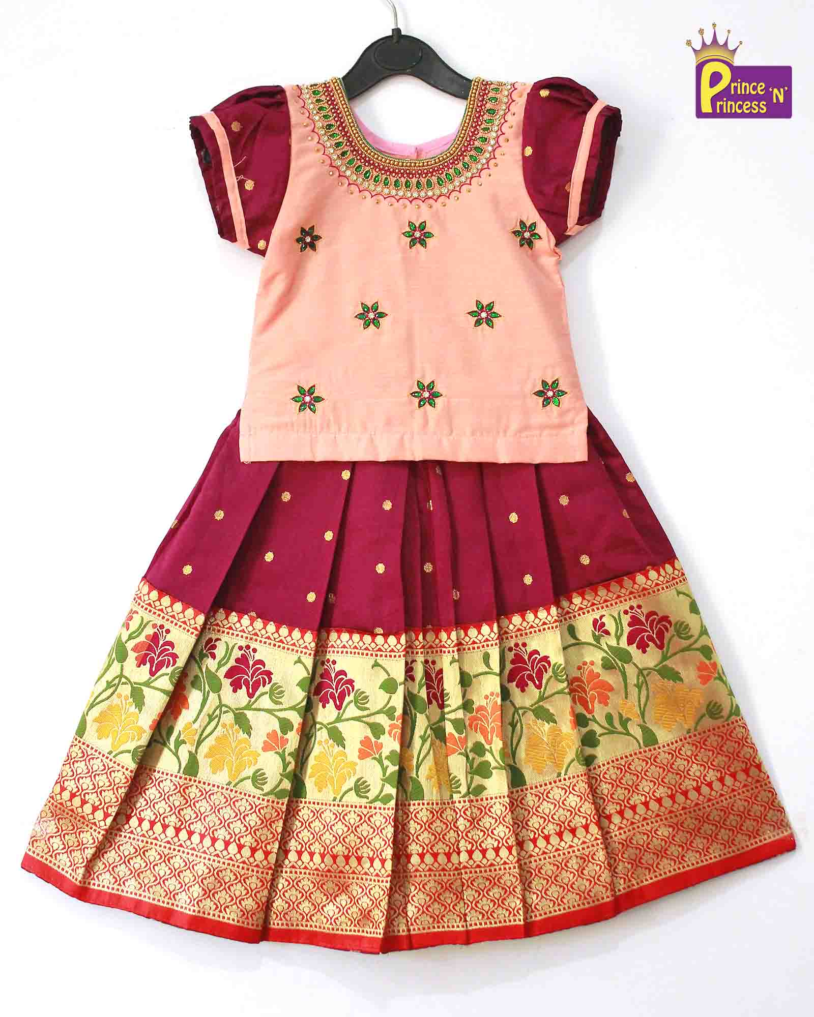 Peach Purple Embroidery Aari Work Pattu Pavadai PPP986 - Prince N Princess