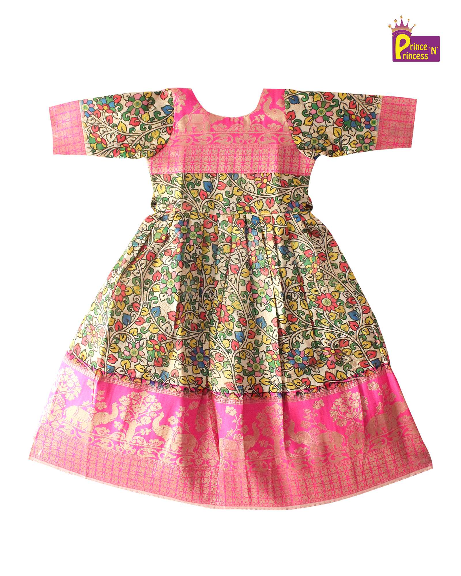 Pink Green Kalamkari Design Gown PG317 - Prince N Princess