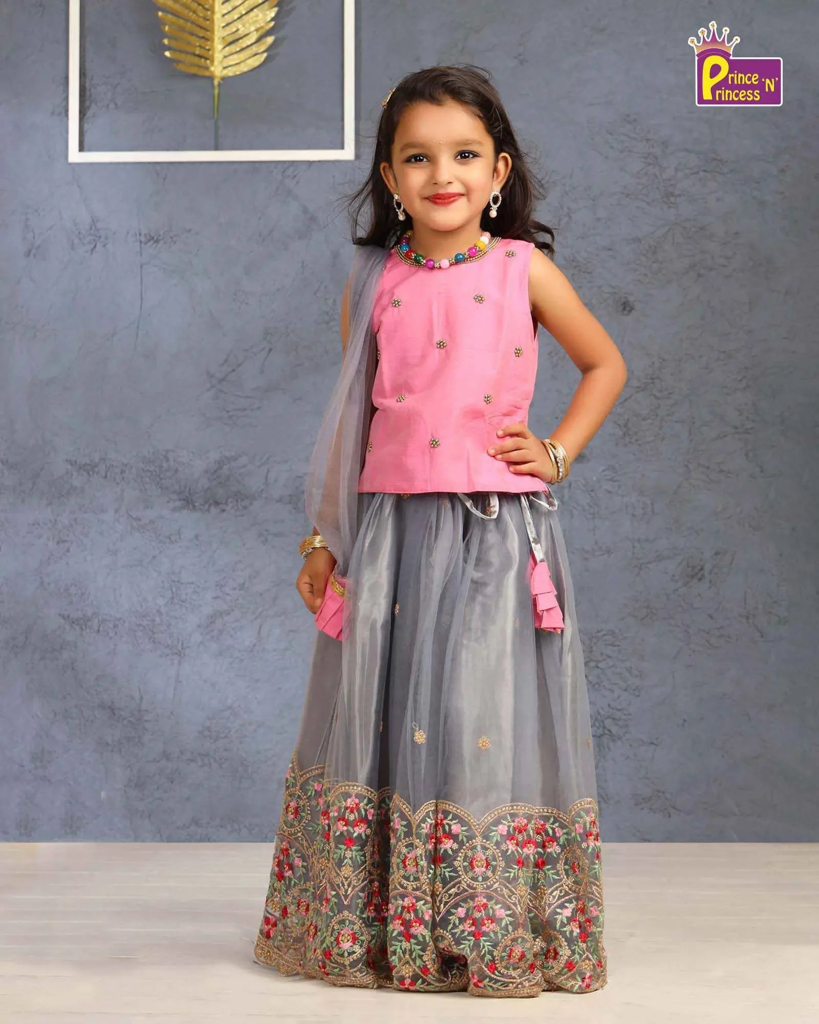 Pink Grey Embroidery Border Lehenga Choli LC118 - Prince N Princess
