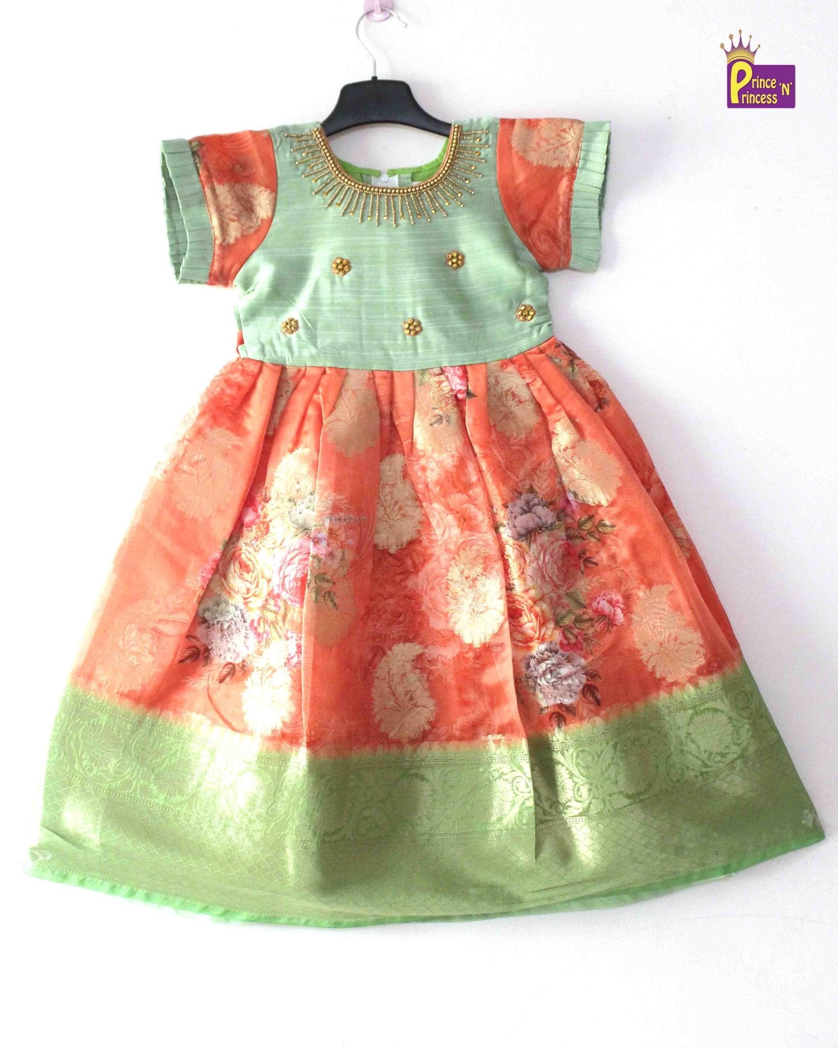 Pista Green Orange Digital Satin AARI Ethnic Party Gown PG351 - Prince N Princess