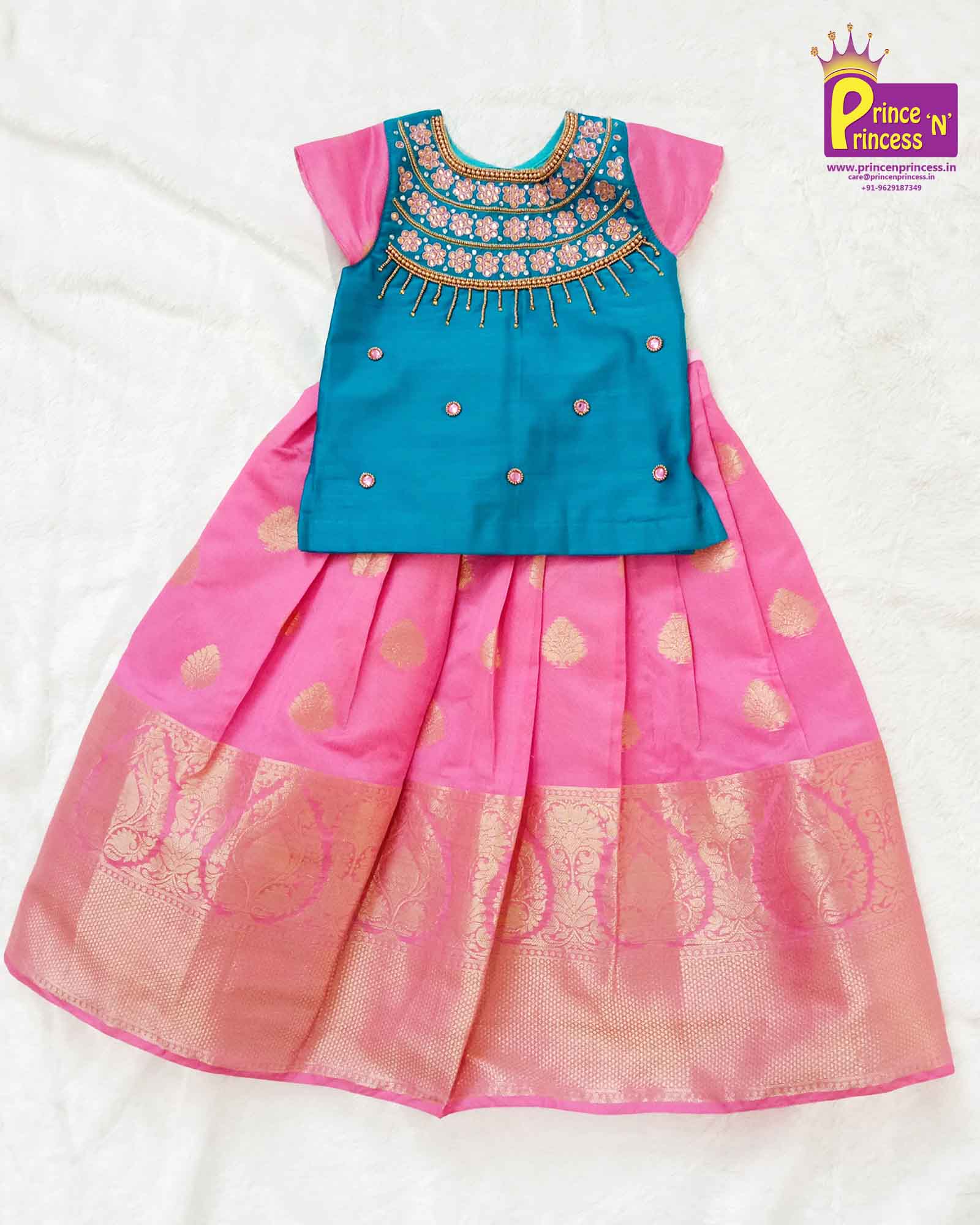 Prince N Princess Kids Blue Baby Pink Grand AARI Work Pattu Pavadai PPP945 - Prince N Princess