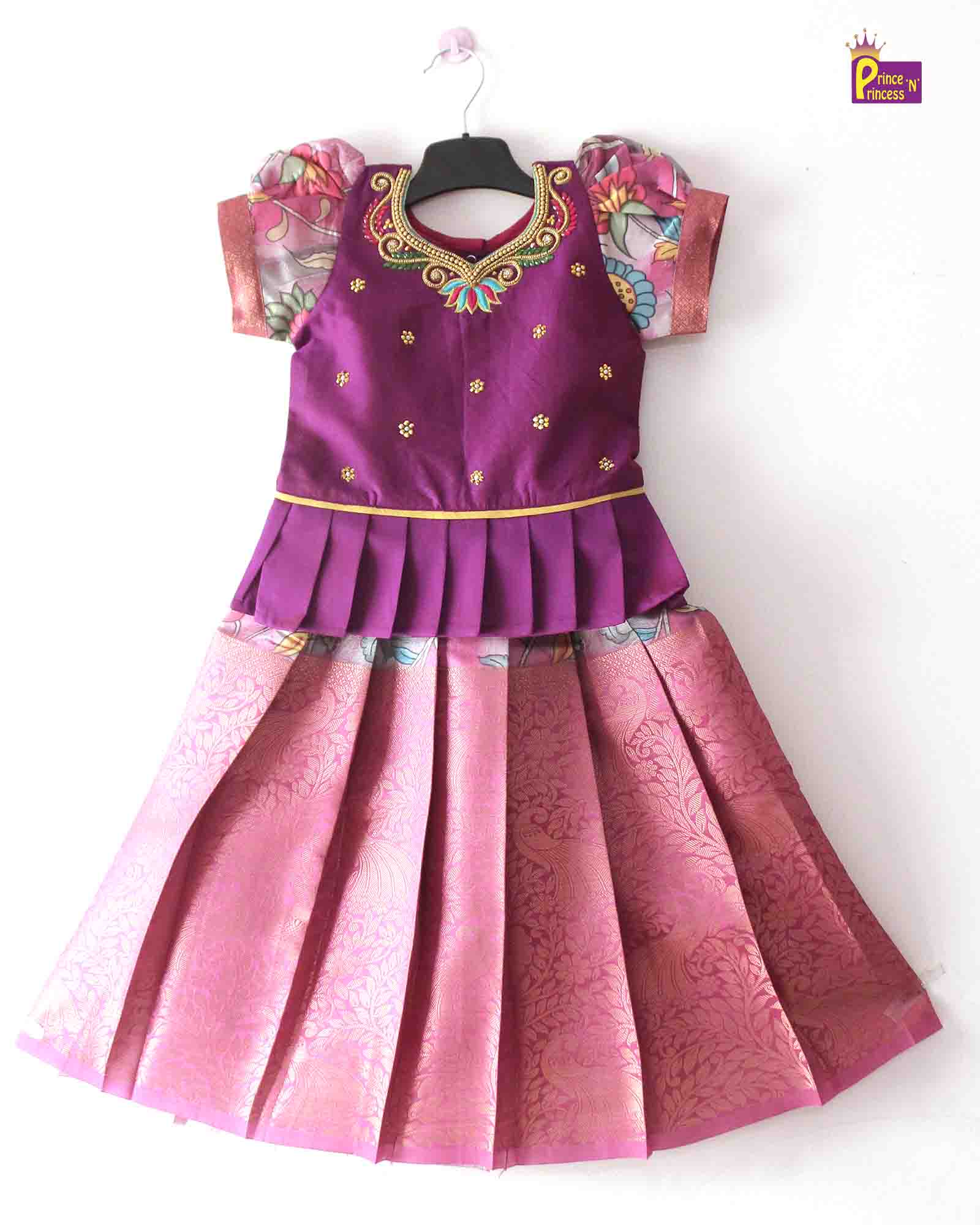 Prince N Princess Purple Kalamkari AARI Work pattu Pavadai PPP1213 - Prince N Princess