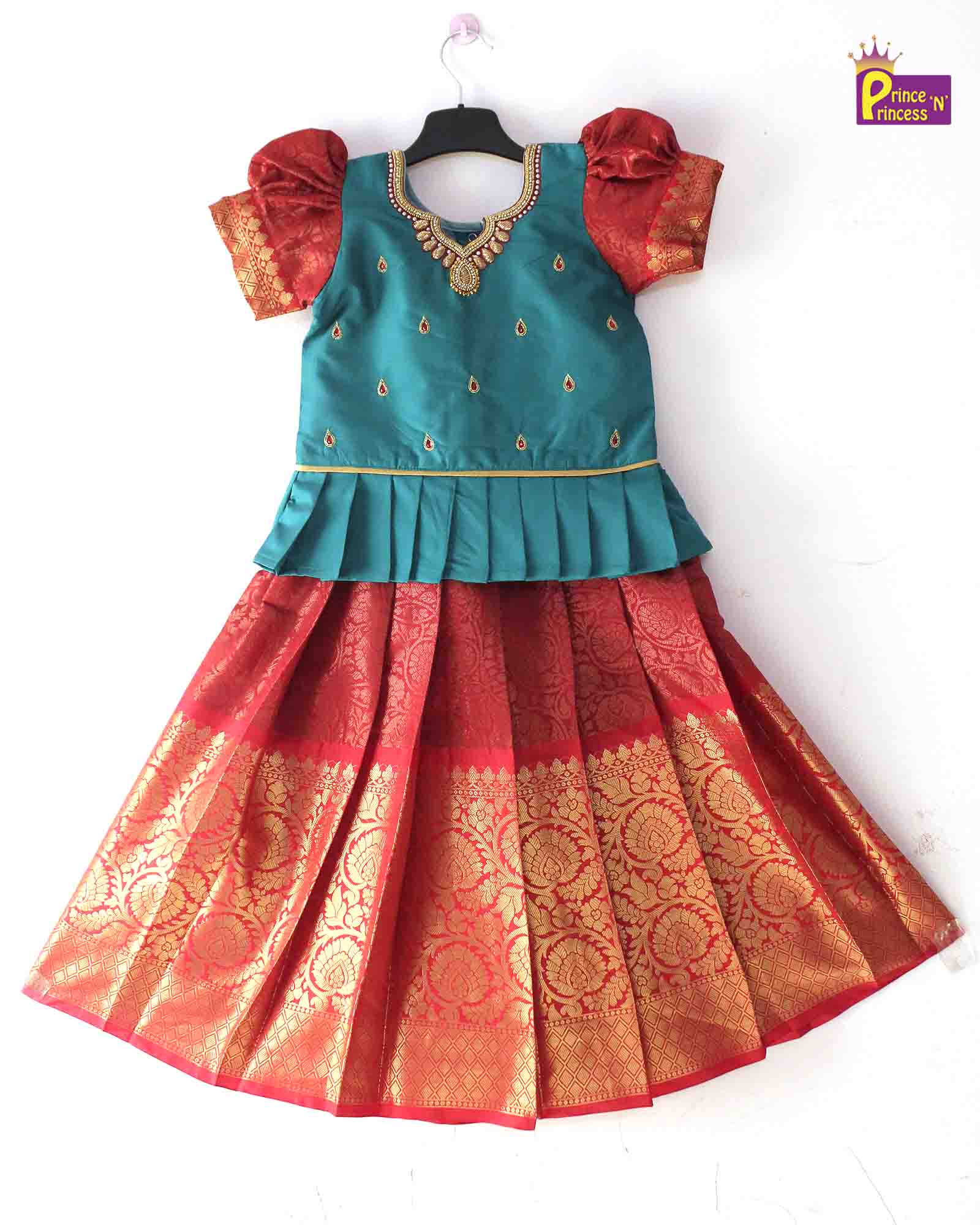 Prince N Princess Rama Green red AARI Work pattu Pavadai PPP1254 - Prince N Princess