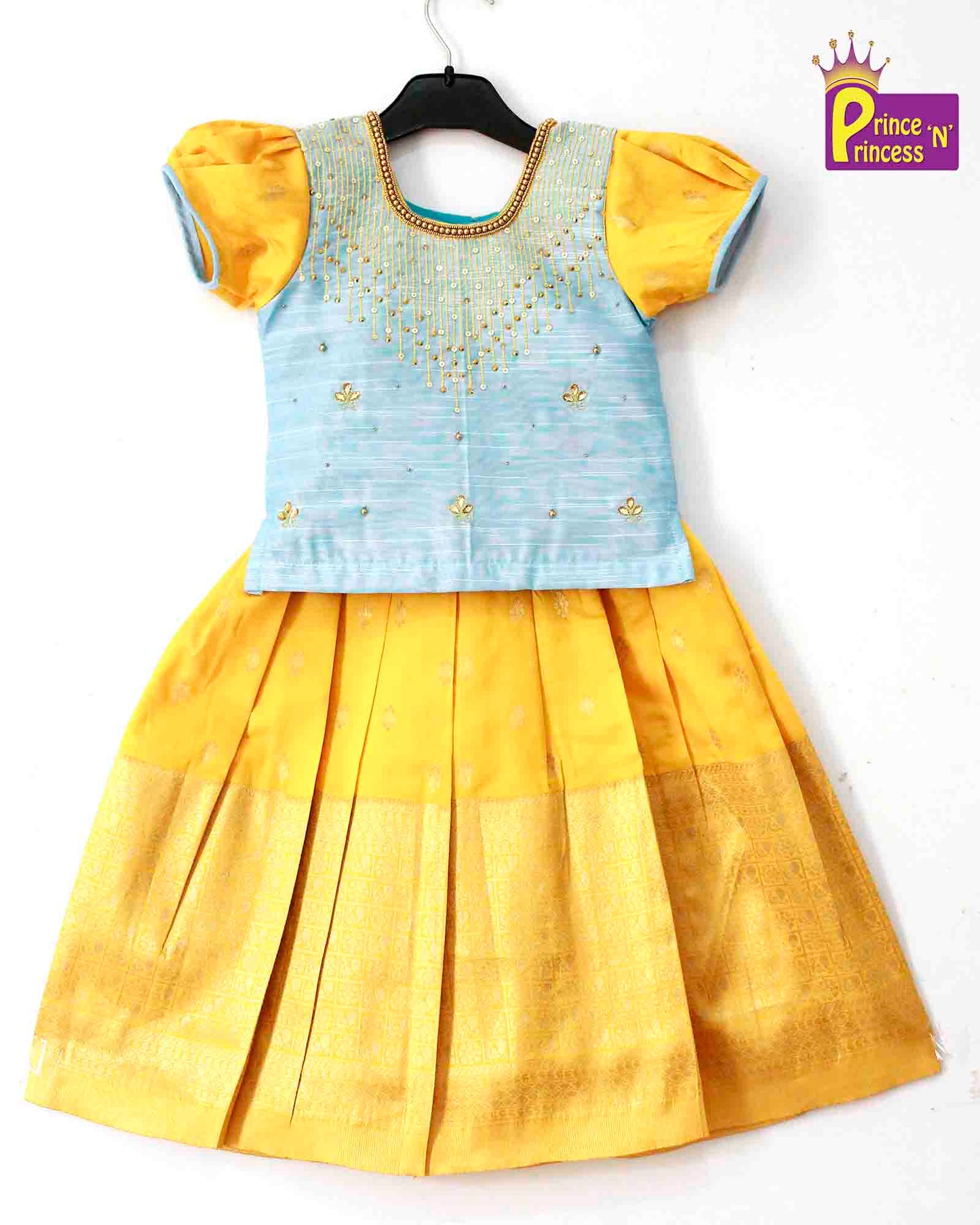 Product Sky Blue Yellow Embroidery Aari Work Pattu Pavadai Ppp965